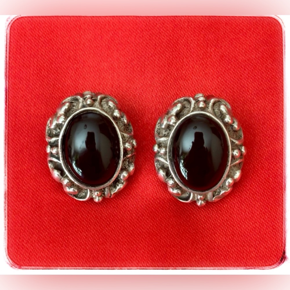 Black Onyx & Sterling Silver Clip-On Earrings.